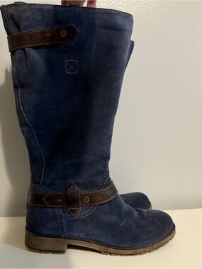 Navy Suede WIDE Mid-Calf Women’s Boots with Brown Strap